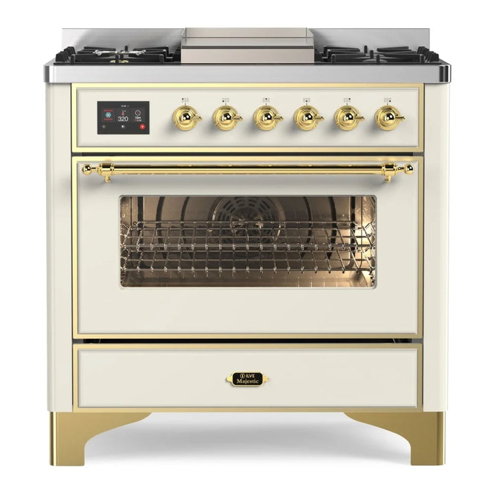 ILVE Majestic II 36" Dual Fuel Freestanding Range in Antique White with Brass Trim, UM09FDNS3AWG