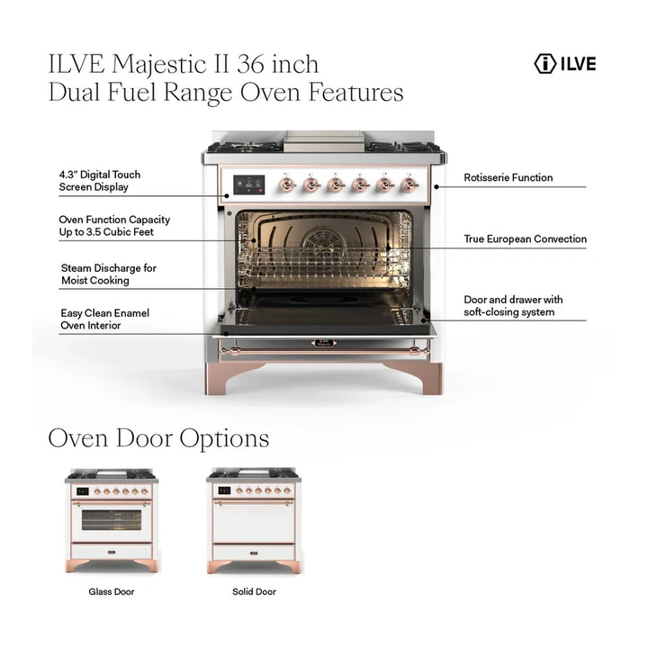 ILVE Majestic II 36" Dual Fuel Freestanding Range in Antique White with Brass Trim, UM09FDNS3AWG