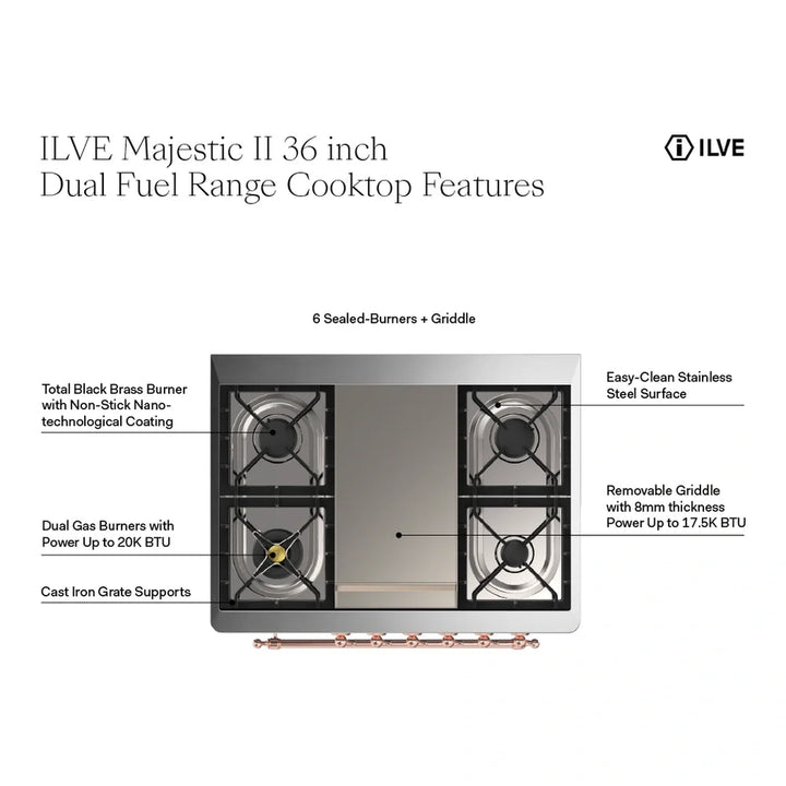 ILVE Majestic II 36" Dual Fuel Freestanding Range in Antique White with Brass Trim, UM09FDNS3AWG
