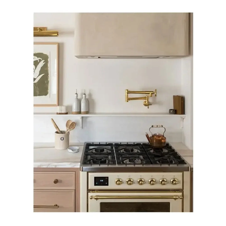 ILVE Majestic II 36" Dual Fuel Freestanding Range in Antique White with Brass Trim, UM09FDNS3AWG