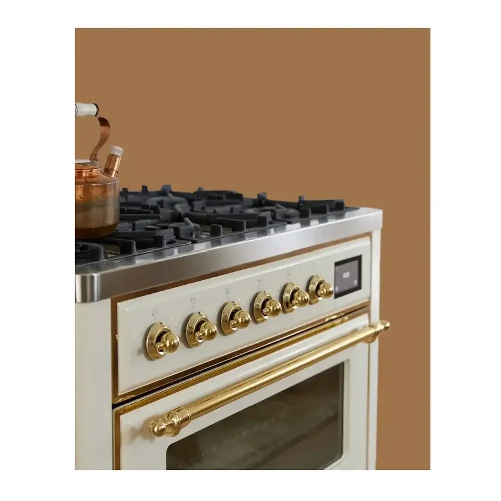 ILVE Majestic II 36" Dual Fuel Freestanding Range in Antique White with Brass Trim, UM09FDNS3AWG