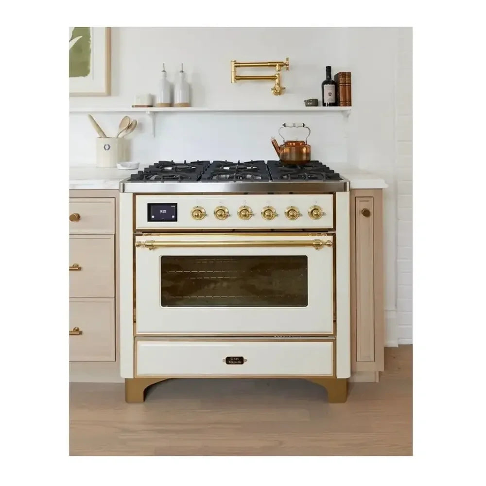 ILVE Majestic II 36" Dual Fuel Freestanding Range in Antique White with Brass Trim, UM09FDNS3AWG
