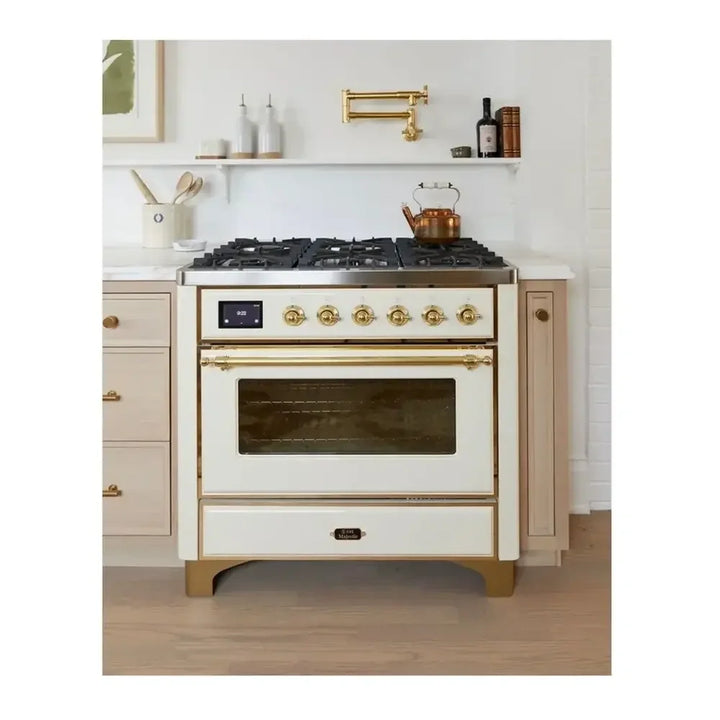 ILVE Majestic II 36" Dual Fuel Freestanding Range in Antique White with Brass Trim, UM09FDNS3AWG