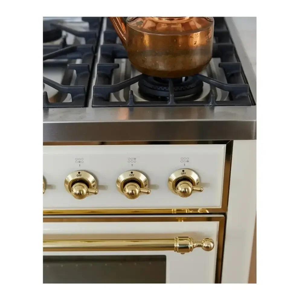 ILVE Majestic II 36" Dual Fuel Freestanding Range in Antique White with Brass Trim, UM09FDNS3AWG