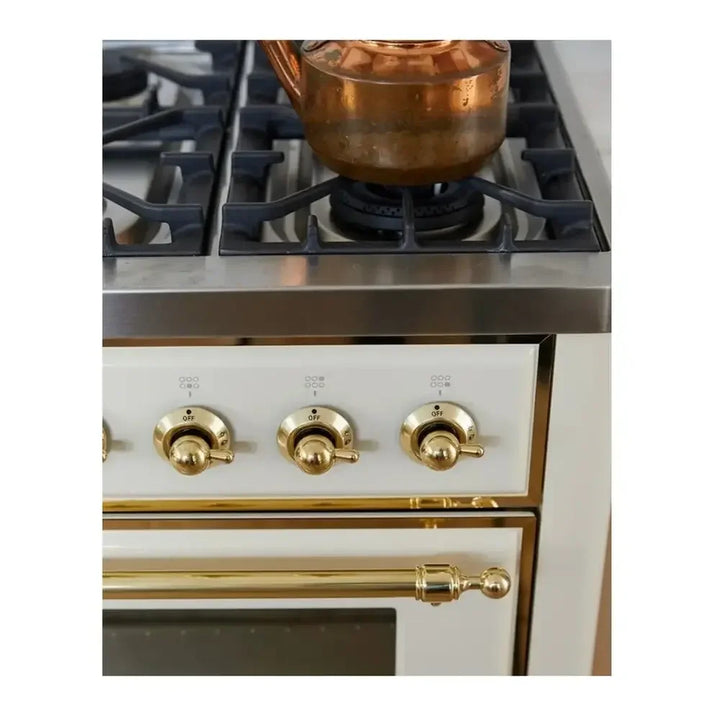 ILVE Majestic II 36" Dual Fuel Freestanding Range in Antique White with Brass Trim, UM09FDNS3AWG