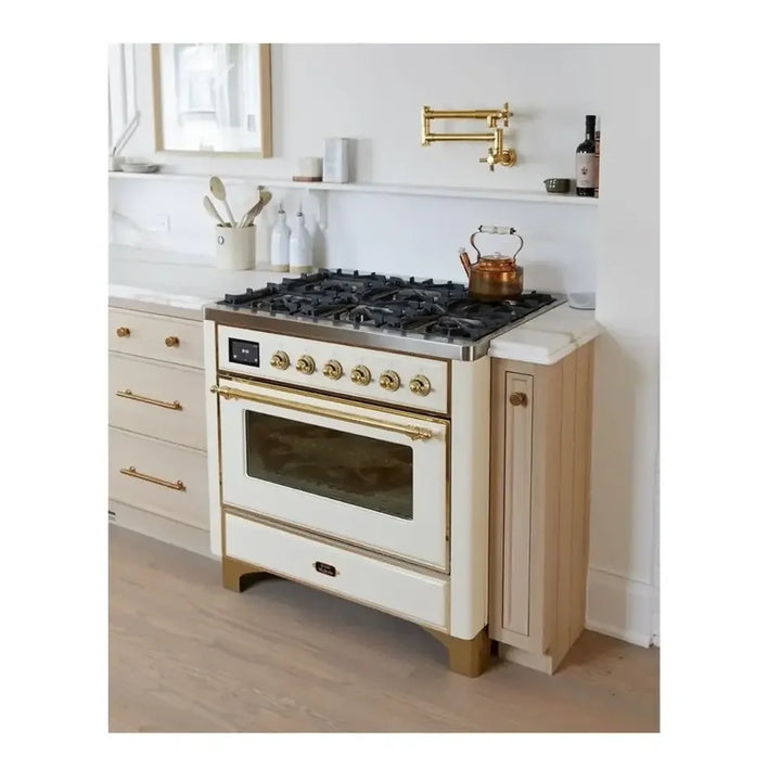 ILVE Majestic II 36" Dual Fuel Freestanding Range in Antique White with Brass Trim, UM09FDNS3AWG