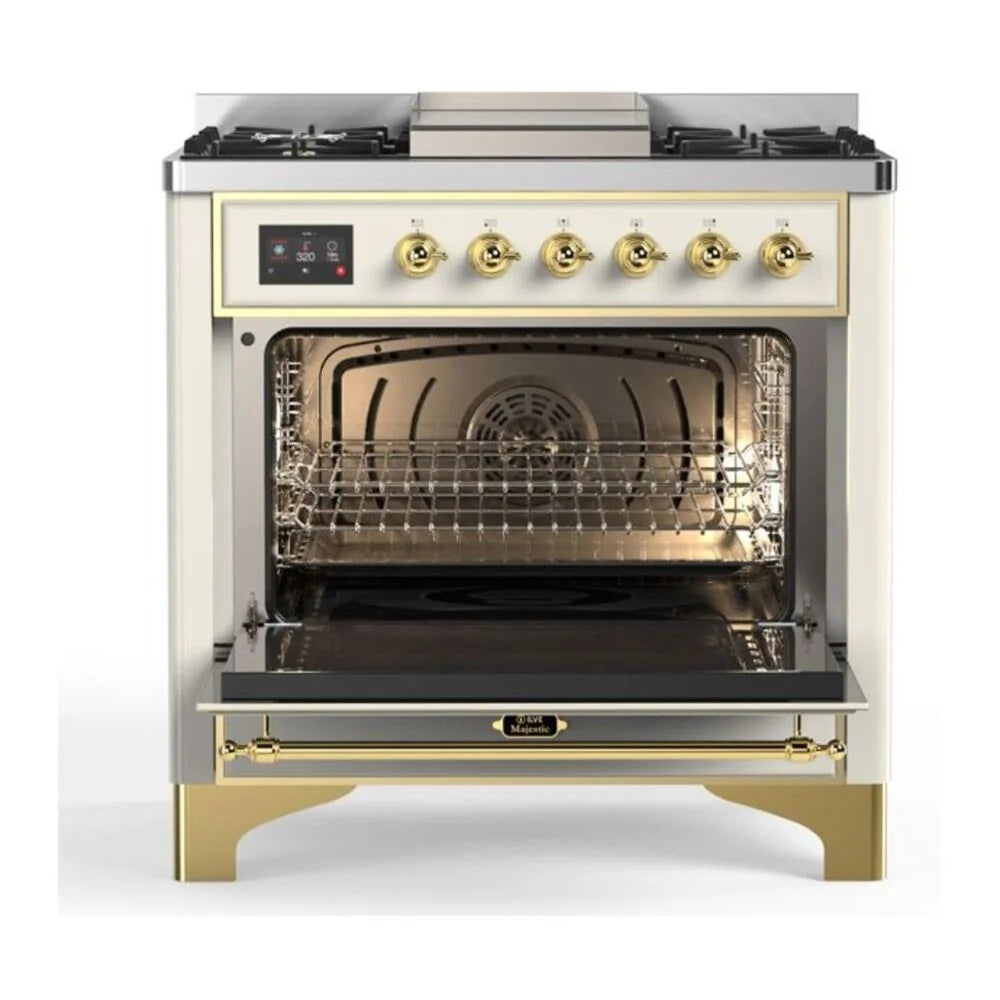 ILVE Majestic II 36" Dual Fuel Freestanding Range in Antique White with Brass Trim, UM09FDNS3AWG