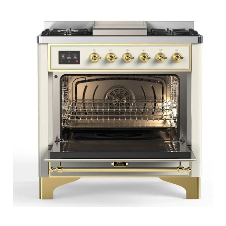 ILVE Majestic II 36" Dual Fuel Freestanding Range in Antique White with Brass Trim, UM09FDNS3AWG