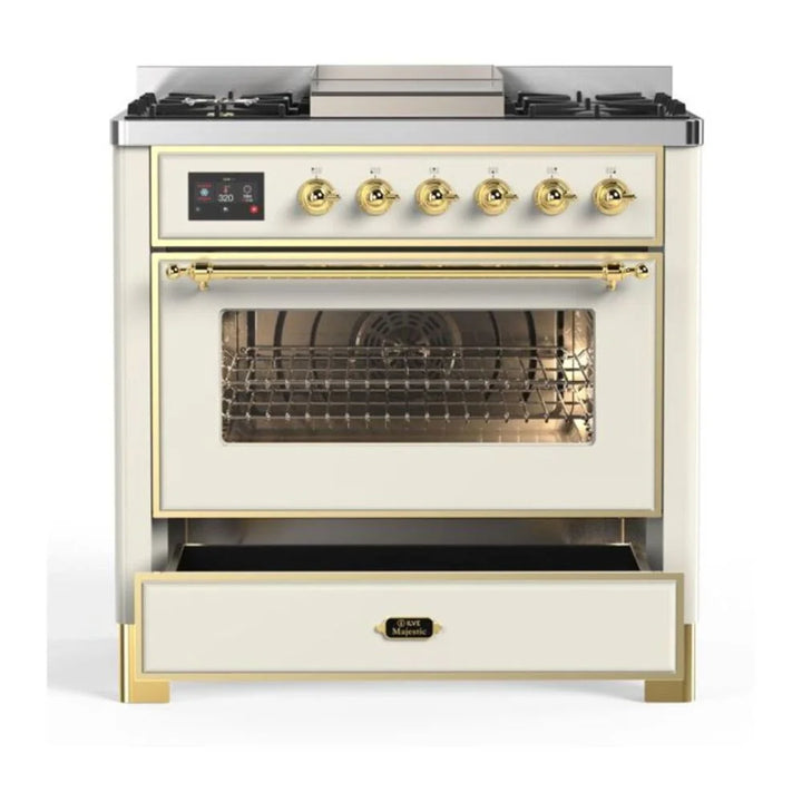 ILVE Majestic II 36" Dual Fuel Freestanding Range in Antique White with Brass Trim, UM09FDNS3AWG