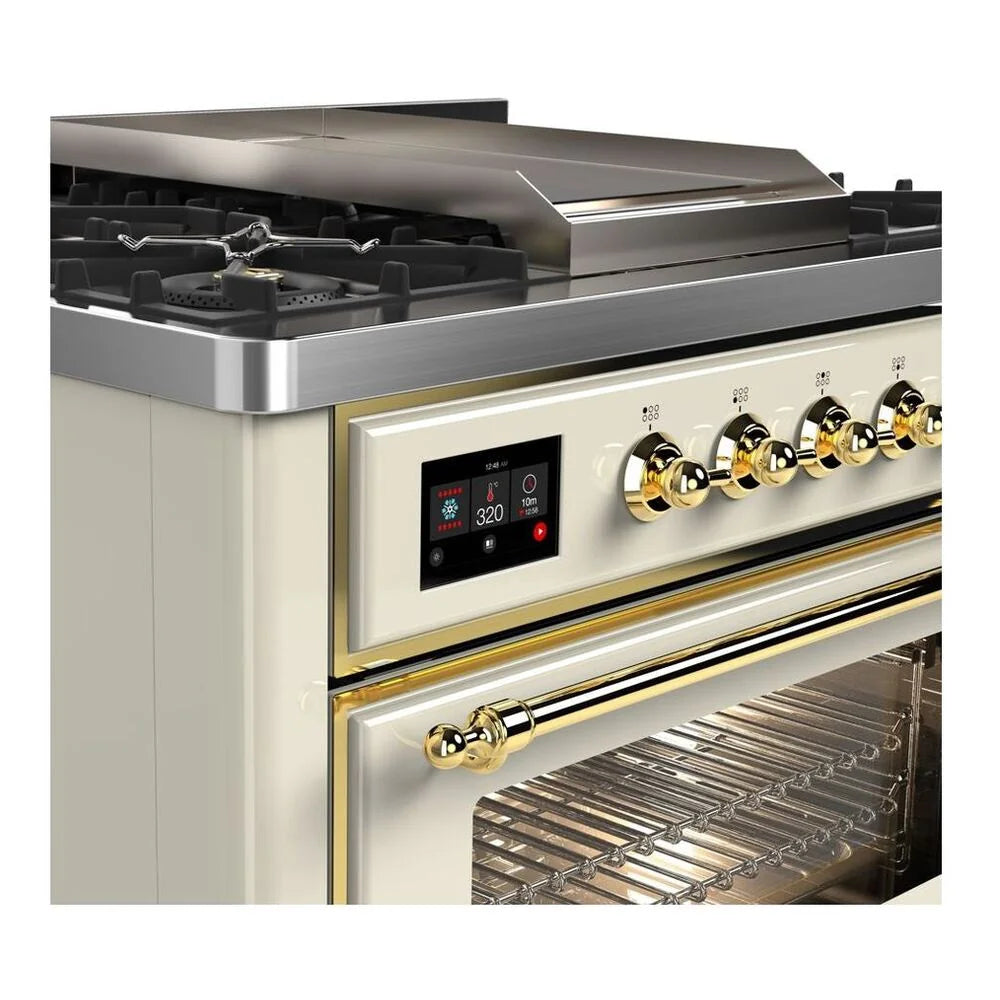 ILVE Majestic II 36" Dual Fuel Freestanding Range in Antique White with Brass Trim, UM09FDNS3AWG