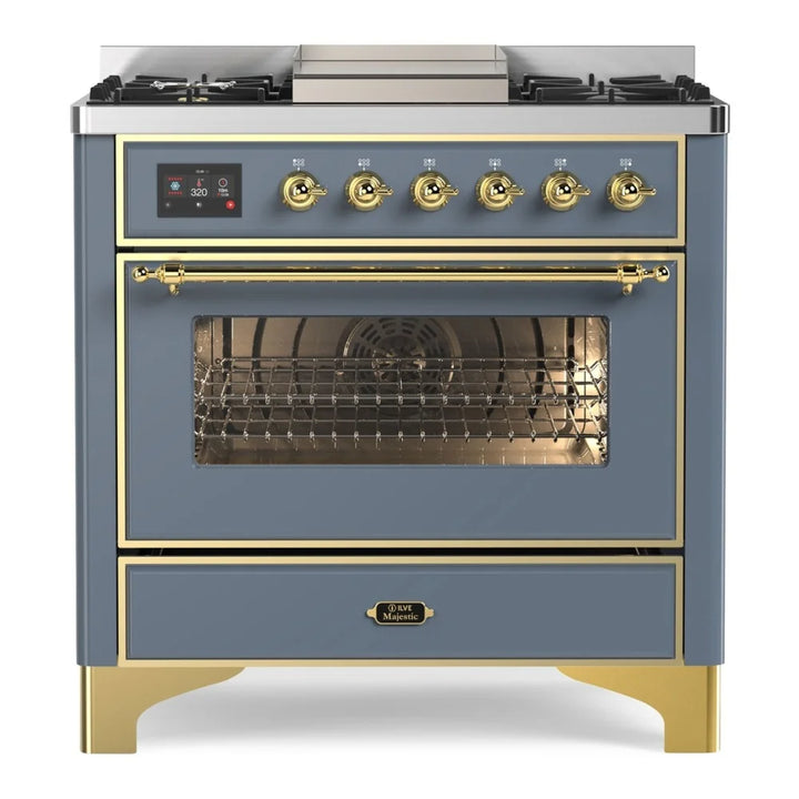 ILVE Majestic II 36" Dual Fuel Freestanding Range in Blue Grey with Brass Trim, UM09FDNS3BGG