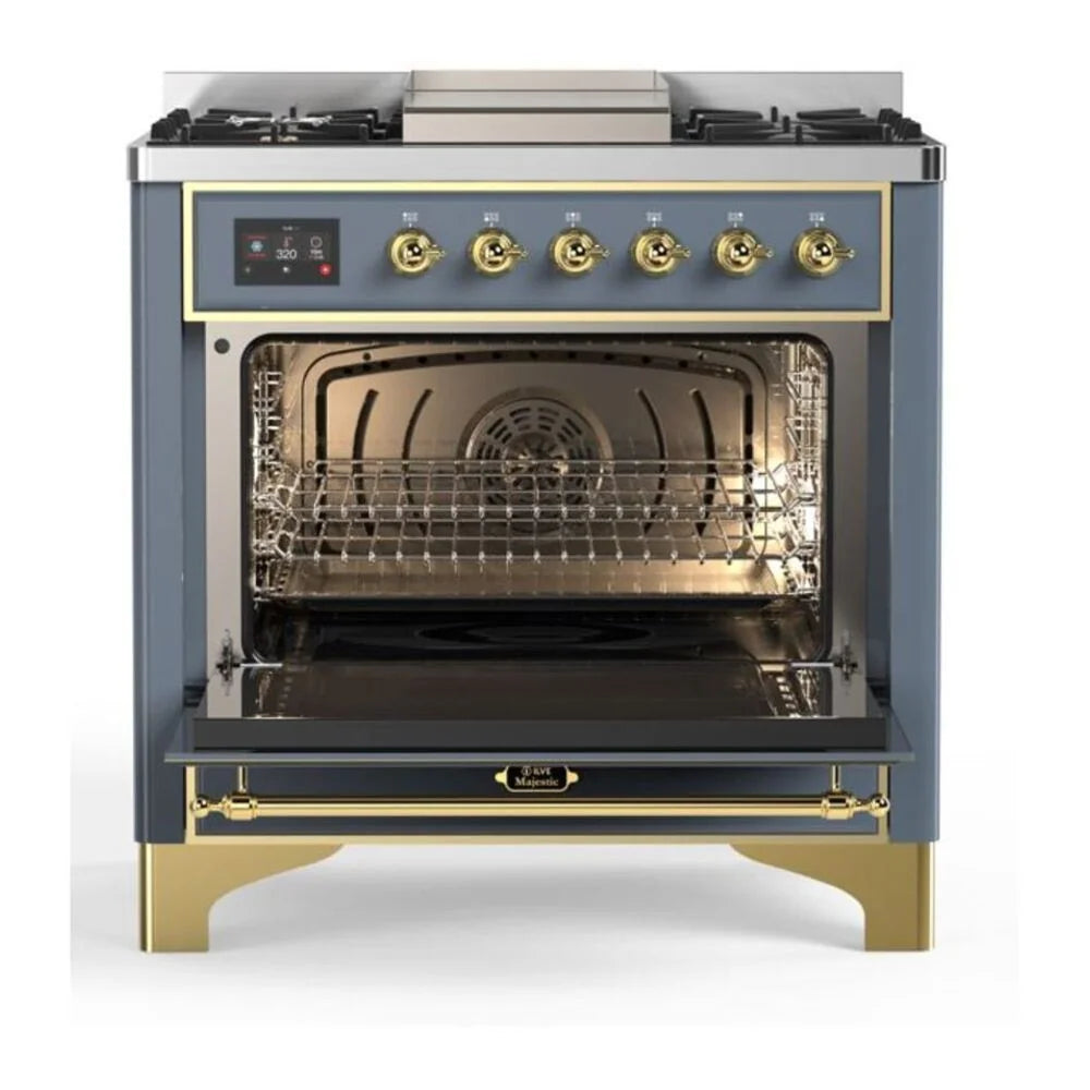 ILVE Majestic II 36" Dual Fuel Freestanding Range in Blue Grey with Brass Trim, UM09FDNS3BGG