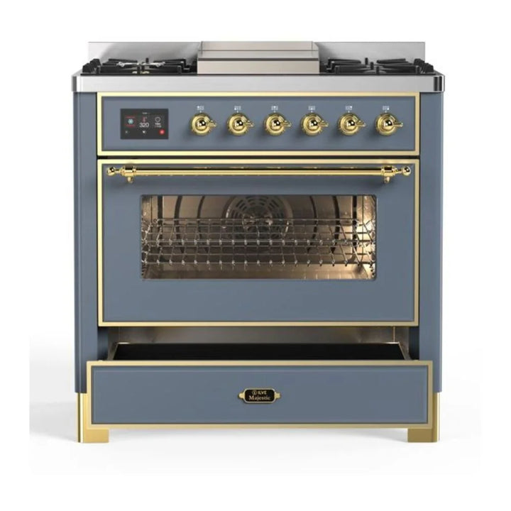 ILVE Majestic II 36" Dual Fuel Freestanding Range in Blue Grey with Brass Trim, UM09FDNS3BGG