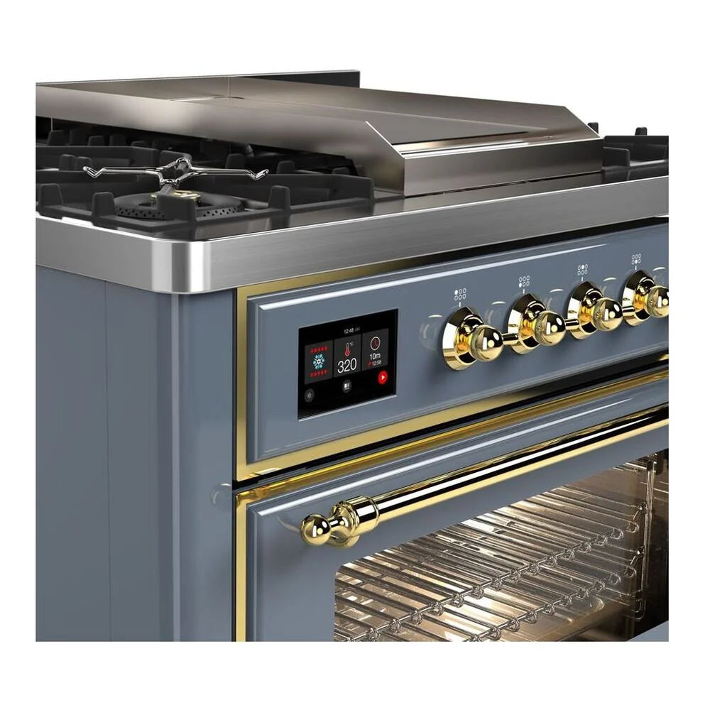 ILVE Majestic II 36" Dual Fuel Freestanding Range in Blue Grey with Brass Trim, UM09FDNS3BGG
