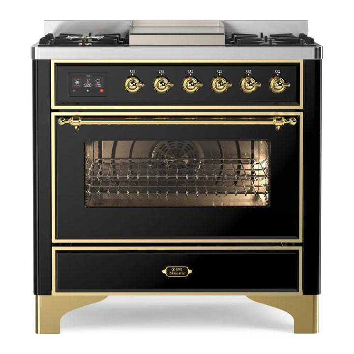 ILVE Majestic II 36" Dual Fuel Freestanding Range in Glossy Black with Brass Trim, UM09FDNS3BKG