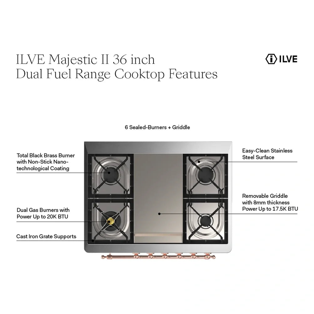 ILVE Majestic II 36" Dual Fuel Freestanding Range in Glossy Black with Brass Trim, UM09FDNS3BKG