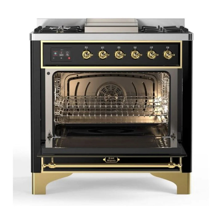 ILVE Majestic II 36" Dual Fuel Freestanding Range in Glossy Black with Brass Trim, UM09FDNS3BKG