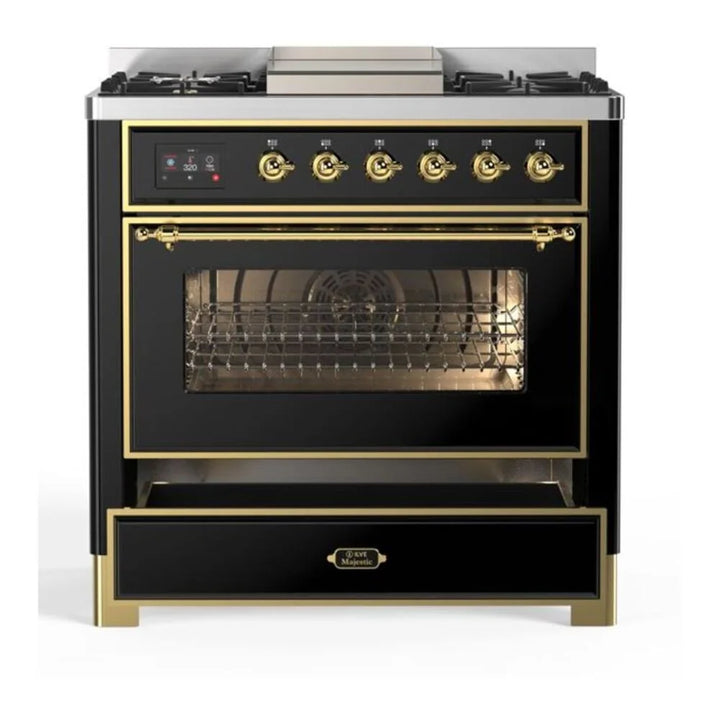 ILVE Majestic II 36" Dual Fuel Freestanding Range in Glossy Black with Brass Trim, UM09FDNS3BKG