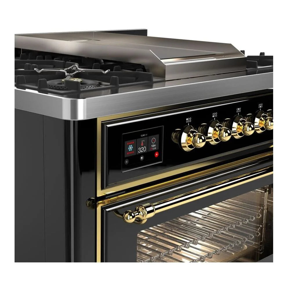 ILVE Majestic II 36" Dual Fuel Freestanding Range in Glossy Black with Brass Trim, UM09FDNS3BKG