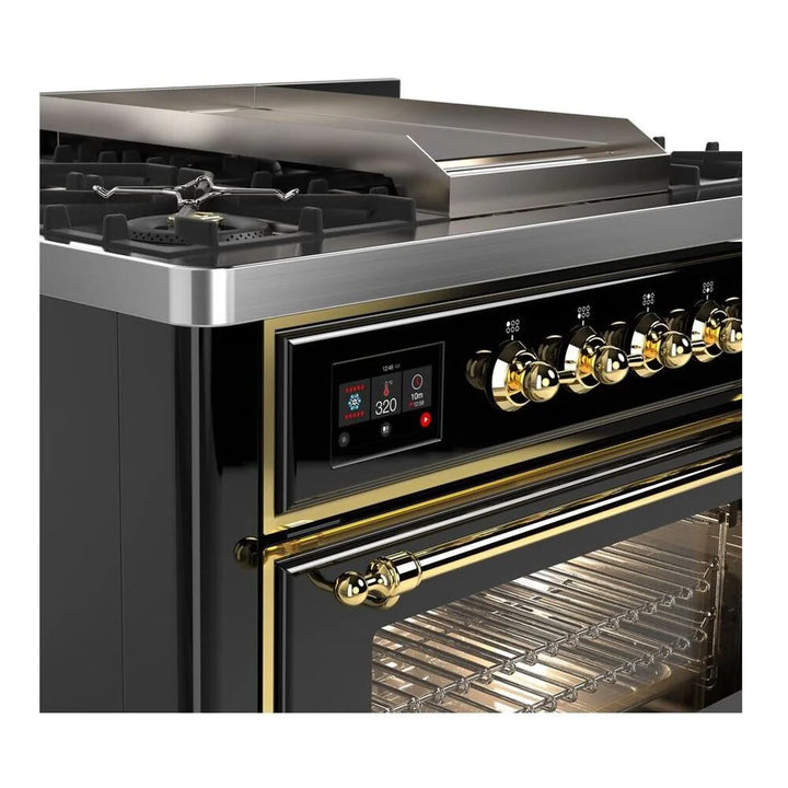 ILVE Majestic II 36" Dual Fuel Freestanding Range in Glossy Black with Brass Trim, UM09FDNS3BKG