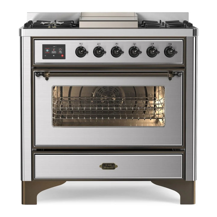 ILVE Majestic II 36" Dual Fuel Freestanding Range in Stainless Steel with Burnished Trim, UM09FDNS3SSB