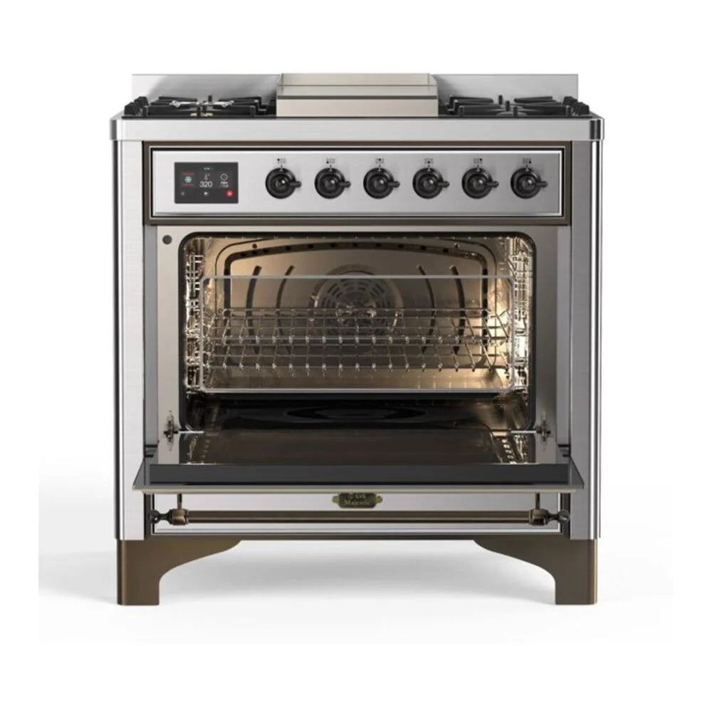 ILVE Majestic II 36" Dual Fuel Freestanding Range in Stainless Steel with Burnished Trim, UM09FDNS3SSB