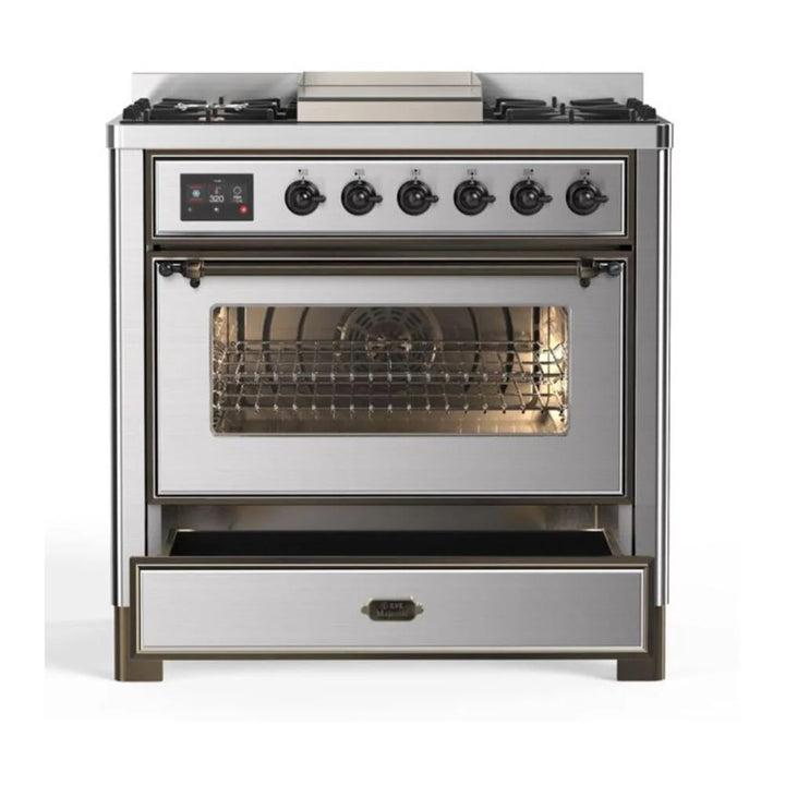 ILVE Majestic II 36" Dual Fuel Freestanding Range in Stainless Steel with Burnished Trim, UM09FDNS3SSB