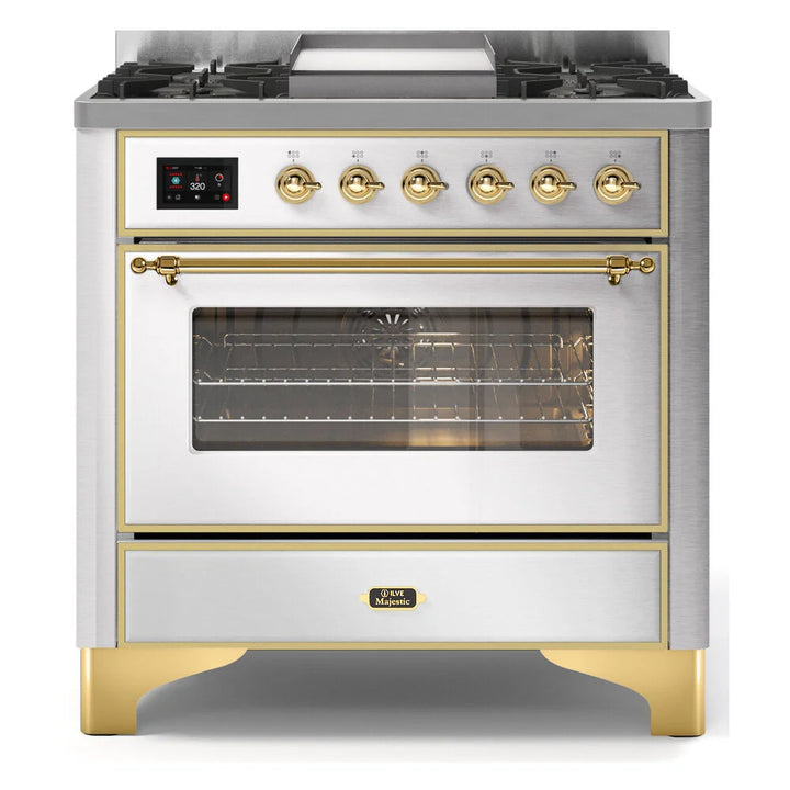 ILVE Majestic II 36" Dual Fuel Freestanding Range in Stainless Steel with Brass Trim, UM09FDNS3SSG