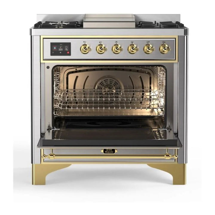ILVE Majestic II 36" Dual Fuel Freestanding Range in Stainless Steel with Brass Trim, UM09FDNS3SSG