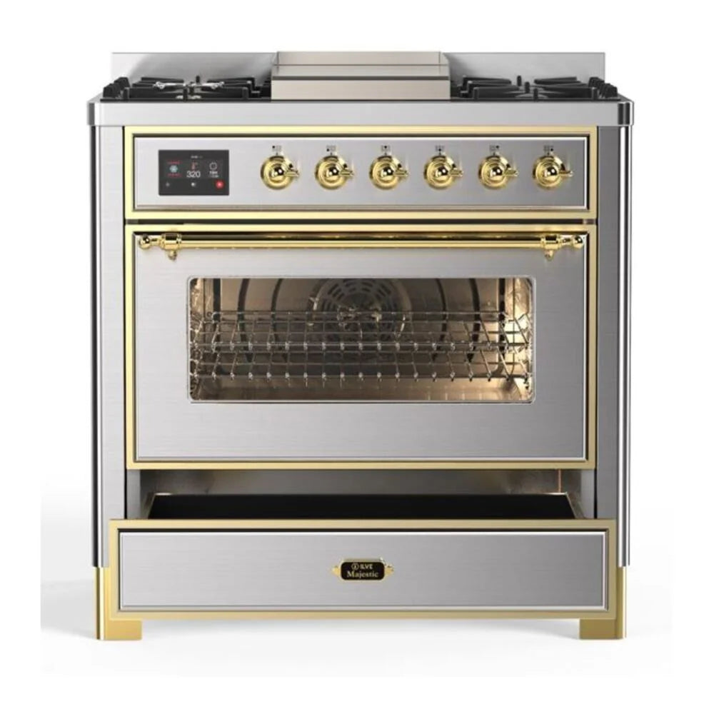 ILVE Majestic II 36" Dual Fuel Freestanding Range in Stainless Steel with Brass Trim, UM09FDNS3SSG