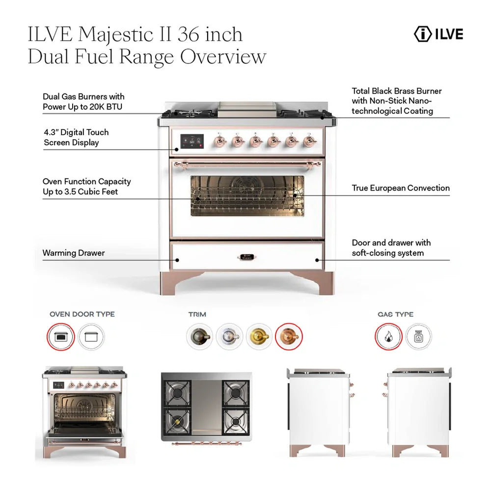 ILVE Majestic II 36" Dual Fuel Freestanding Range in White with Brass Trim, UM09FDNS3WHG