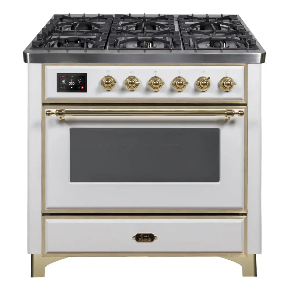 ILVE Majestic II 36" Dual Fuel Freestanding Range in White with Brass Trim, UM09FDNS3WHG