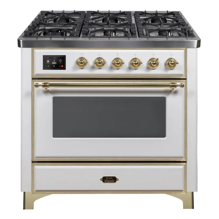 ILVE Majestic II 36" Dual Fuel Freestanding Range in White with Brass Trim, UM09FDNS3WHG