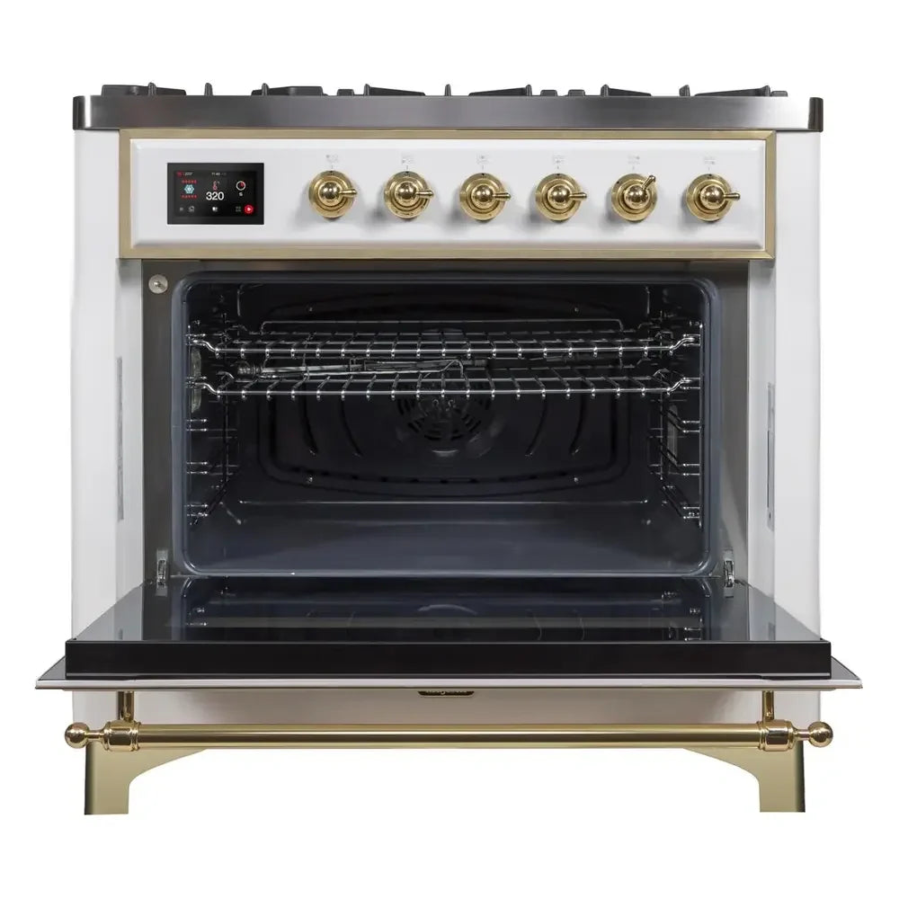 ILVE Majestic II 36" Dual Fuel Freestanding Range in White with Brass Trim, UM09FDNS3WHG
