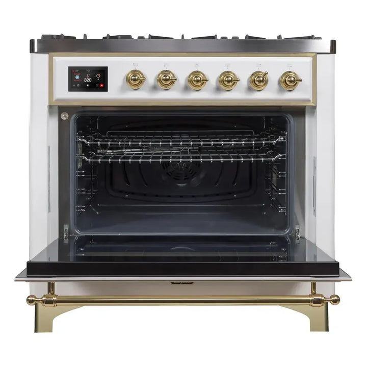 ILVE Majestic II 36" Dual Fuel Freestanding Range in White with Brass Trim, UM09FDNS3WHG
