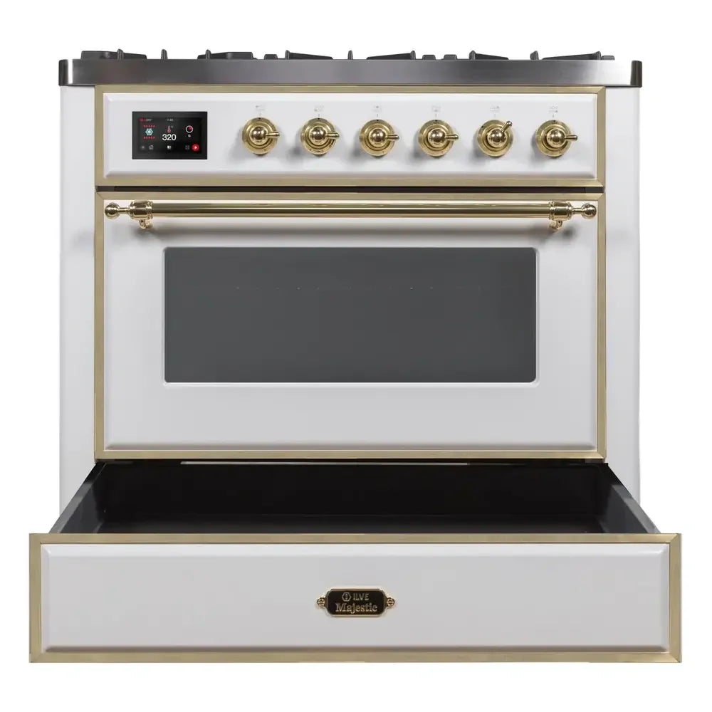 ILVE Majestic II 36" Dual Fuel Freestanding Range in White with Brass Trim, UM09FDNS3WHG