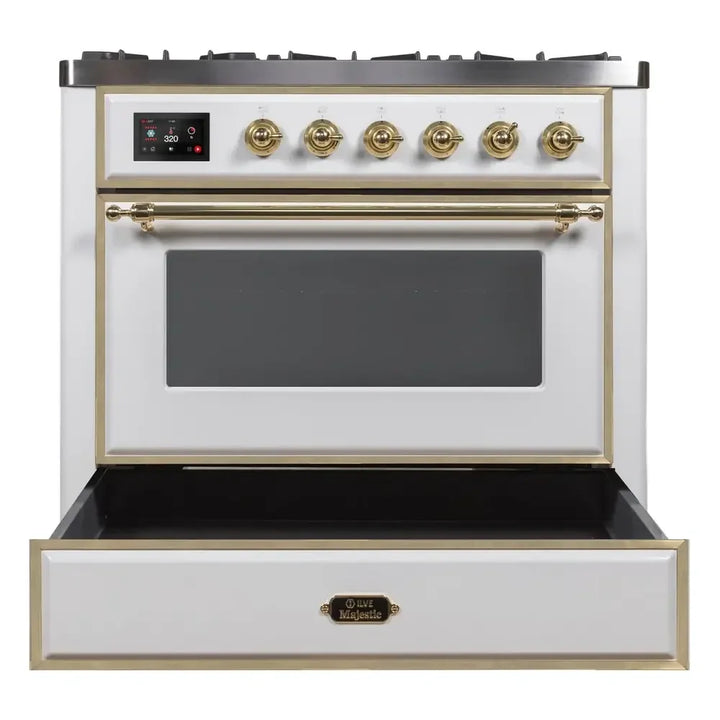ILVE Majestic II 36" Dual Fuel Freestanding Range in White with Brass Trim, UM09FDNS3WHG