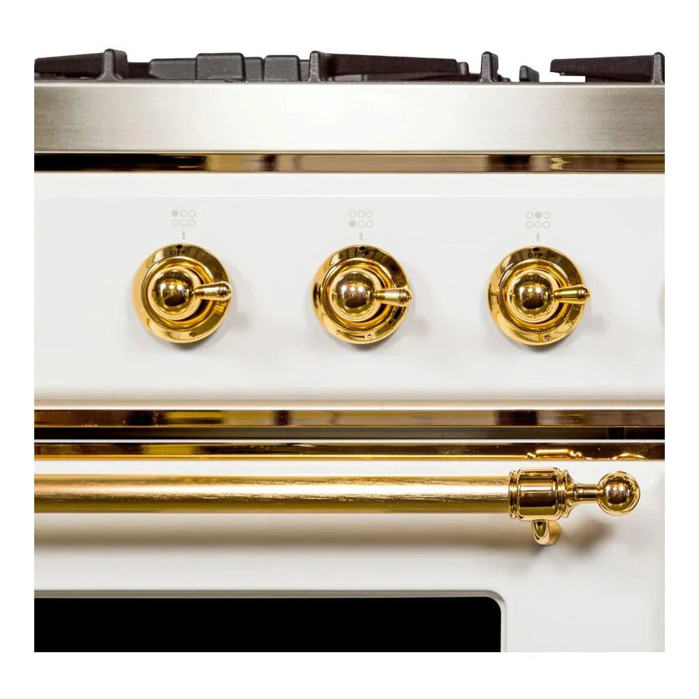 ILVE Majestic II 36" Dual Fuel Freestanding Range in White with Brass Trim, UM09FDNS3WHG