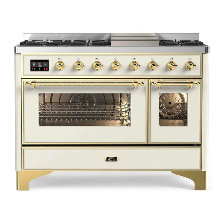 ILVE Majestic II 48" Dual Fuel Freestanding Range in Antique White with Brass Trim, UM12FDNS3AWG