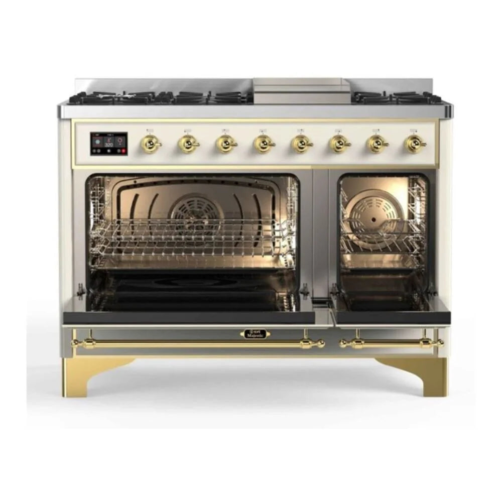 ILVE Majestic II 48" Dual Fuel Freestanding Range in Antique White with Brass Trim, UM12FDNS3AWG