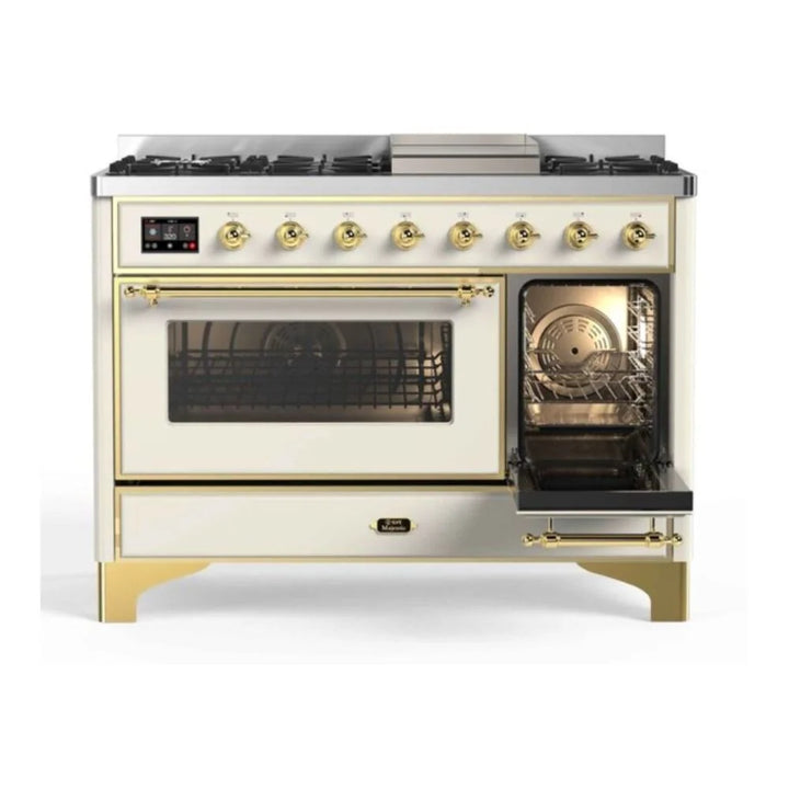 ILVE Majestic II 48" Dual Fuel Freestanding Range in Antique White with Brass Trim, UM12FDNS3AWG