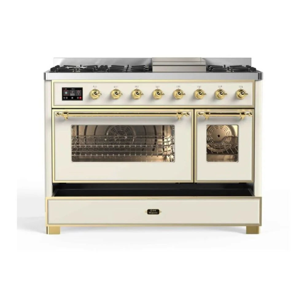 ILVE Majestic II 48" Dual Fuel Freestanding Range in Antique White with Brass Trim, UM12FDNS3AWG