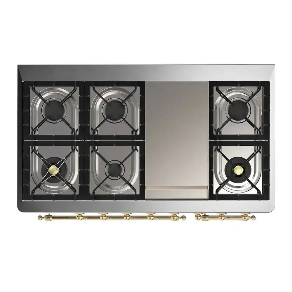ILVE Majestic II 48" Dual Fuel Freestanding Range in Antique White with Brass Trim, UM12FDNS3AWG