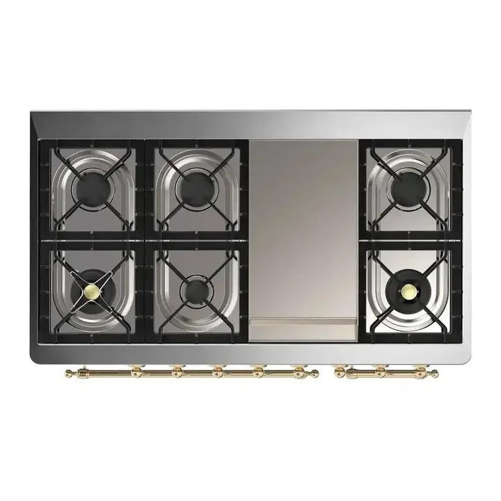 ILVE Majestic II 48" Dual Fuel Freestanding Range in Antique White with Brass Trim, UM12FDNS3AWG