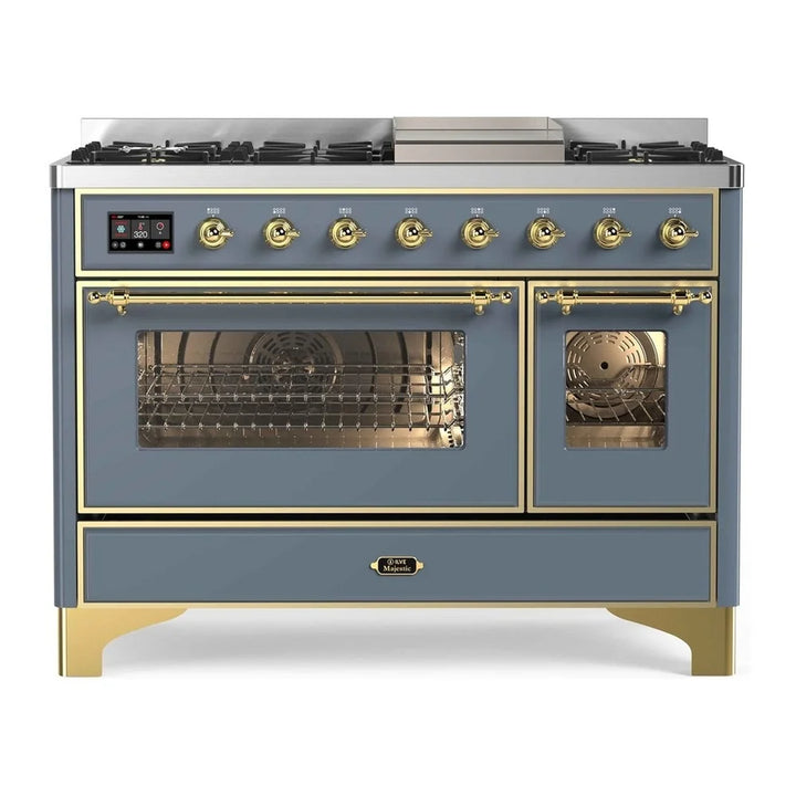 ILVE Majestic II 48" Dual Fuel Freestanding Range in Blue Grey with Brass Trim, UM12FDNS3BGG