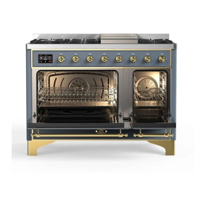 ILVE Majestic II 48" Dual Fuel Freestanding Range in Blue Grey with Brass Trim, UM12FDNS3BGG
