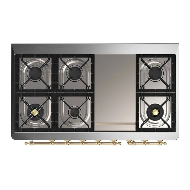 ILVE Majestic II 48" Dual Fuel Freestanding Range in Blue Grey with Brass Trim, UM12FDNS3BGG