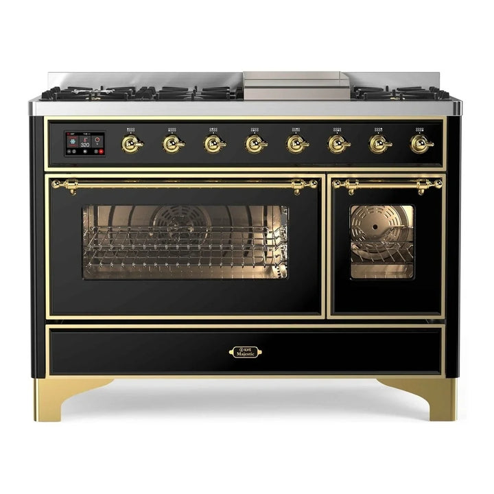 ILVE Majestic II 48" Dual Fuel Freestanding Range in Glossy Black with Brass Trim, UM12FDNS3BKG