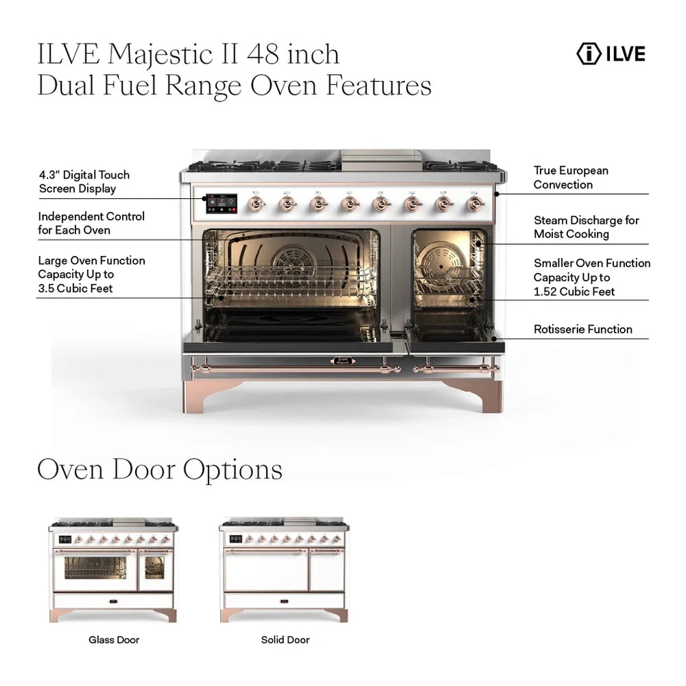 ILVE Majestic II 48" Dual Fuel Freestanding Range in Glossy Black with Brass Trim, UM12FDNS3BKG
