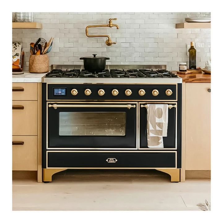 ILVE Majestic II 48" Dual Fuel Freestanding Range in Glossy Black with Brass Trim, UM12FDNS3BKG